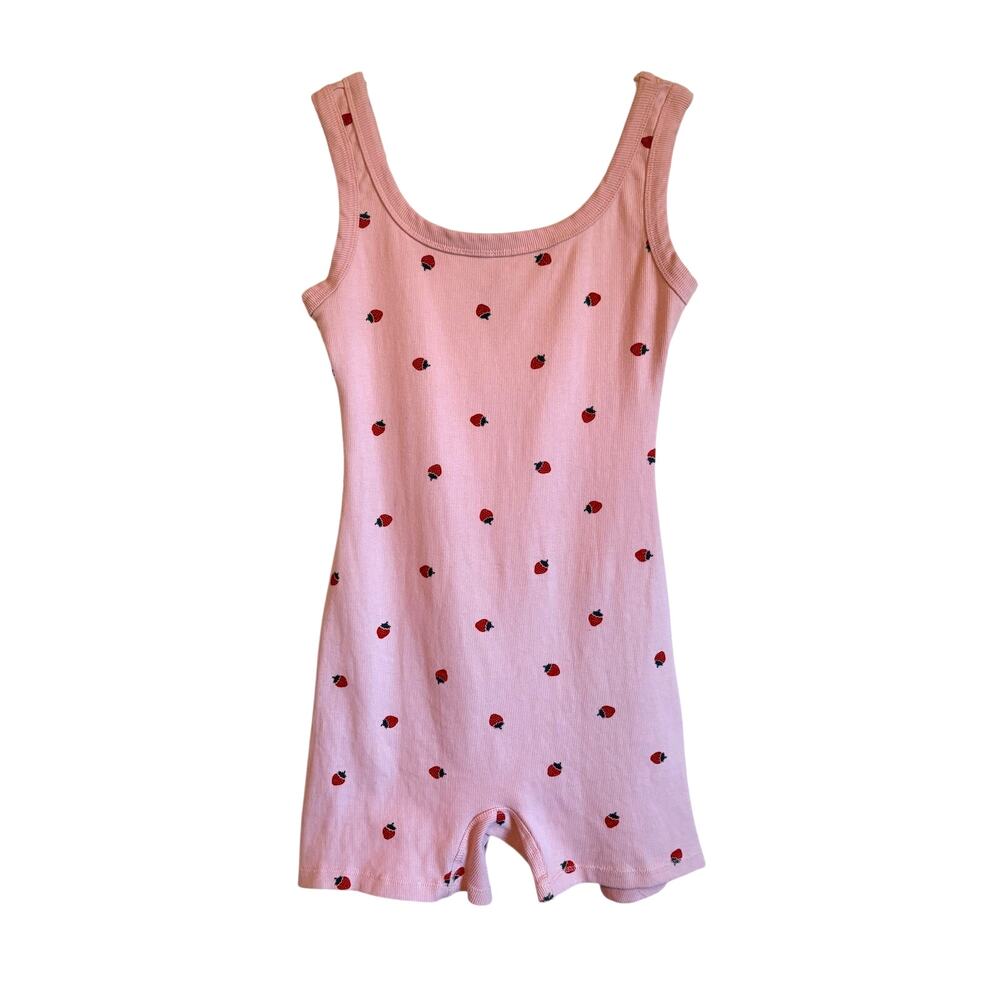 Messy Bun Just Chillin Pink Strawberry Print Ribbed Romper Medium Coquette